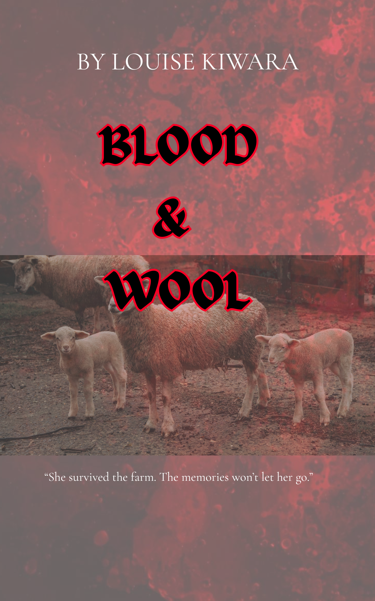 Book cover of 'Blood & Wool' by Louise Kiwara featuring sheep and a red overlay.